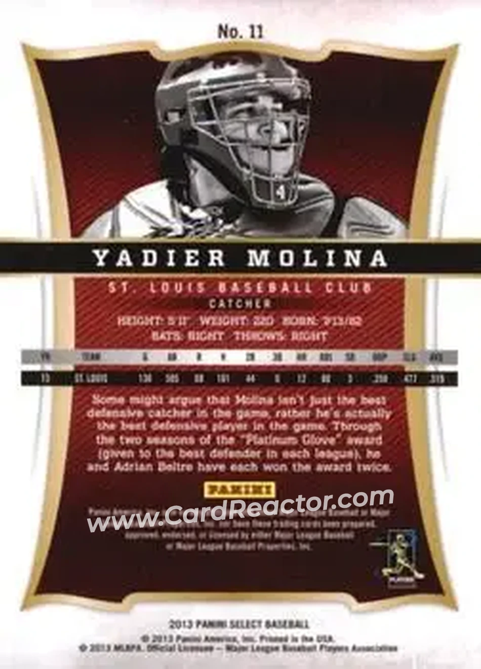 2013 Panini Select #11 - Yadier Molina - St. Louis Cardinals - Back 2013 Panini Select #11 - Yadier Molina - St. Louis Cardinals - Back