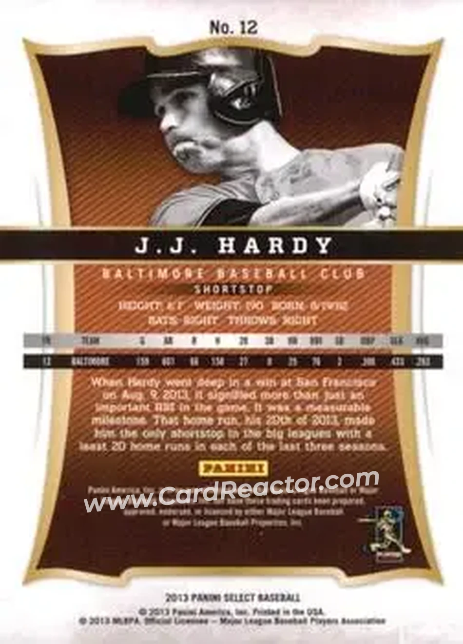 2013 Panini Select #12 - J.J. Hardy - Baltimore Orioles - Back