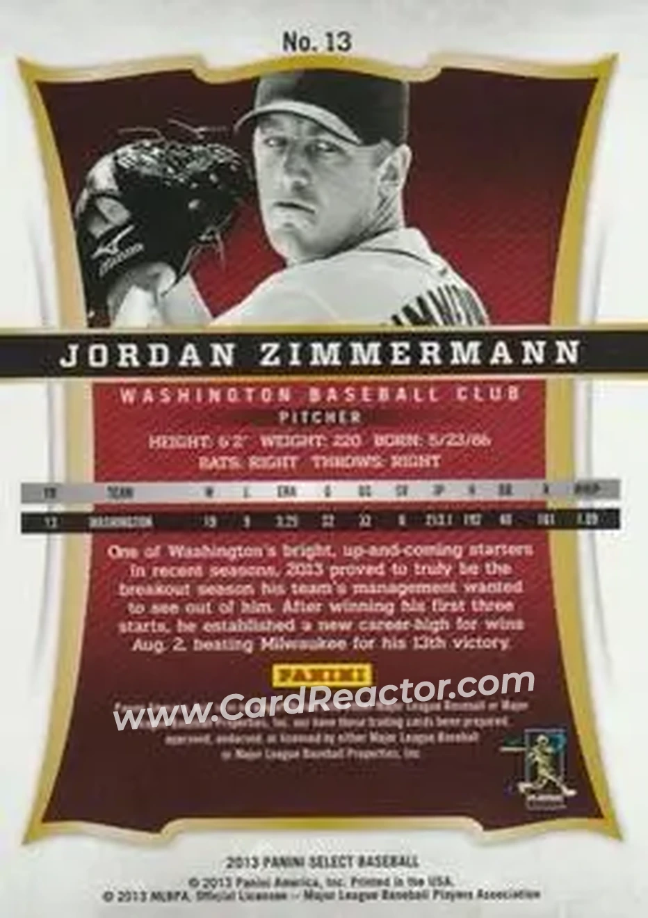 2013 Panini Select #13 - Jordan Zimmermann - Washington Nationals - Back