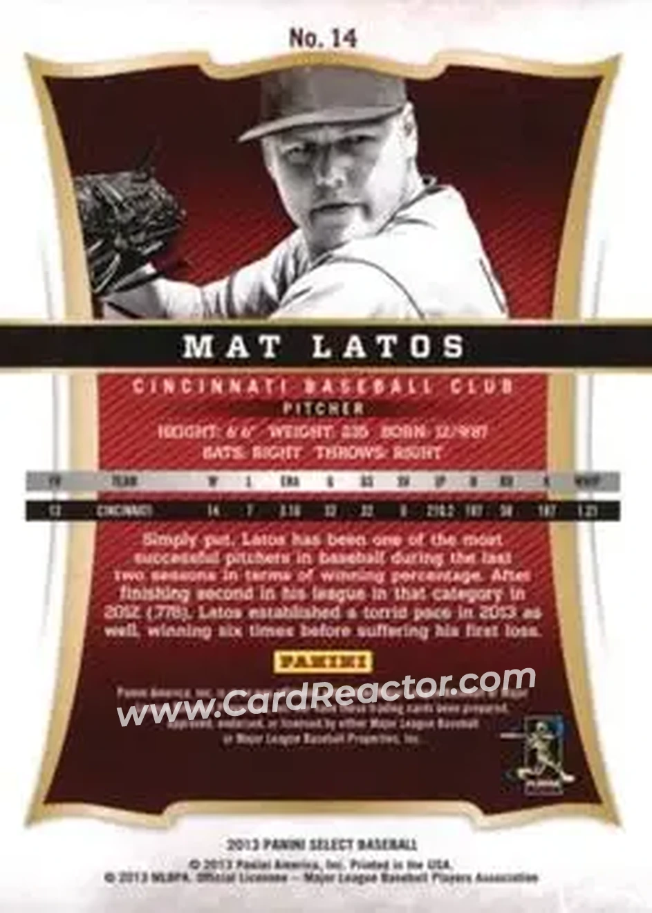 2013 Panini Select #14 - Mat Latos - Cincinnati Reds - Back