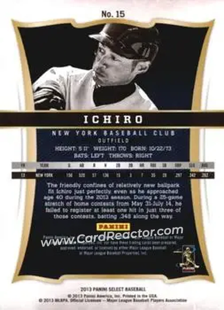 2013 Panini Select #15 - Ichiro - New York Yankees - Back 2013 Panini Select #15 - Ichiro - New York Yankees - Back