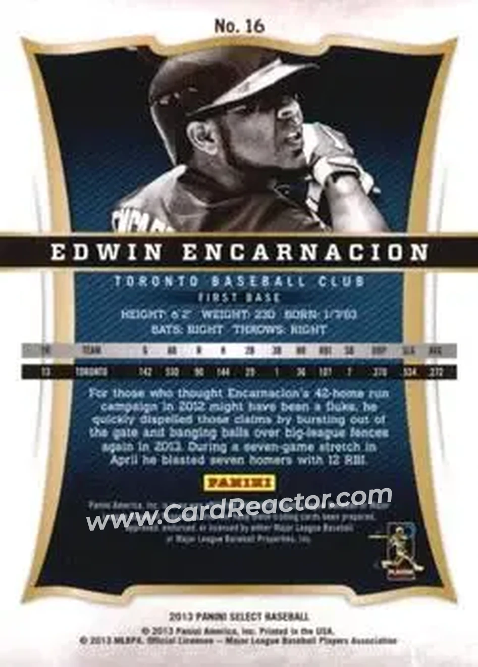 2013 Panini Select #16 - Edwin Encarnacion - Toronto Blue Jays - Back