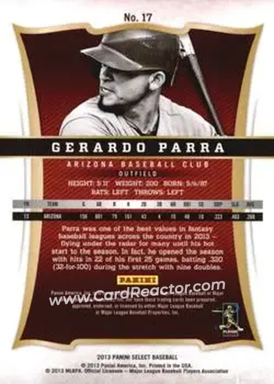 2013 Panini Select #17 - Gerardo Parra - Arizona Diamondbacks - Back