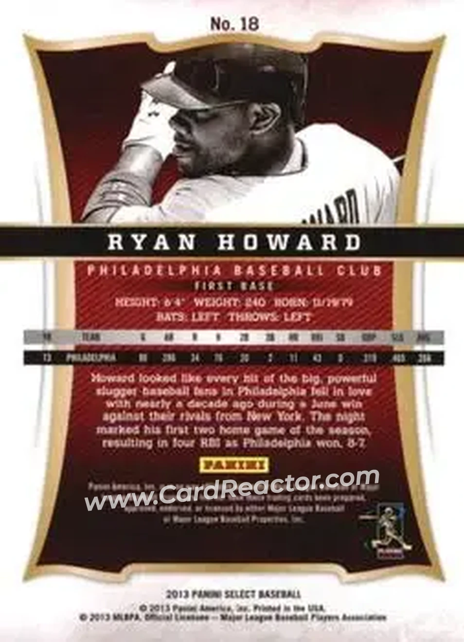2013 Panini Select #18 - Ryan Howard - Philadelphia Phillies - Back 2013 Panini Select #18 - Ryan Howard - Philadelphia Phillies - Back