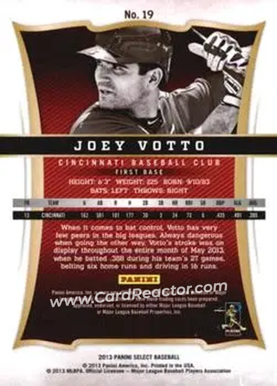 2013 Panini Select #19 - Joey Votto - Cincinnati Reds - Back 2013 Panini Select #19 - Joey Votto - Cincinnati Reds - Back