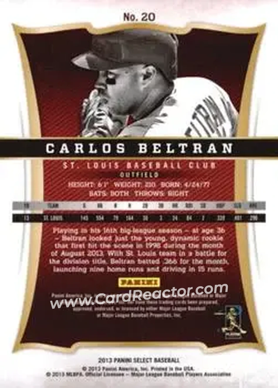 2013 Panini Select #20 - Carlos Beltran - St. Louis Cardinals - Back 2013 Panini Select #20 - Carlos Beltran - St. Louis Cardinals - Back