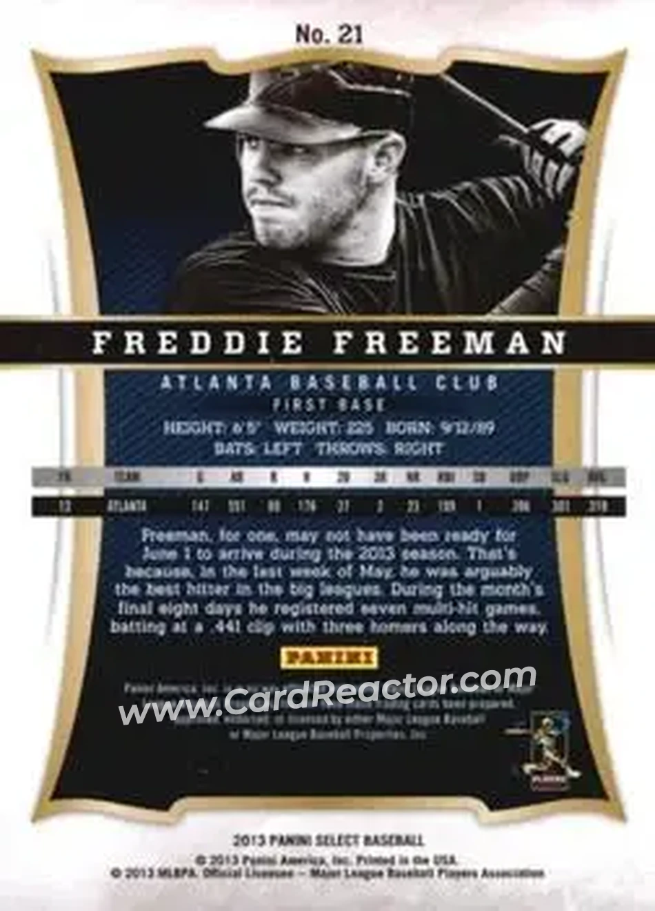 2013 Panini Select #21 - Freddie Freeman - Atlanta Braves - Back
