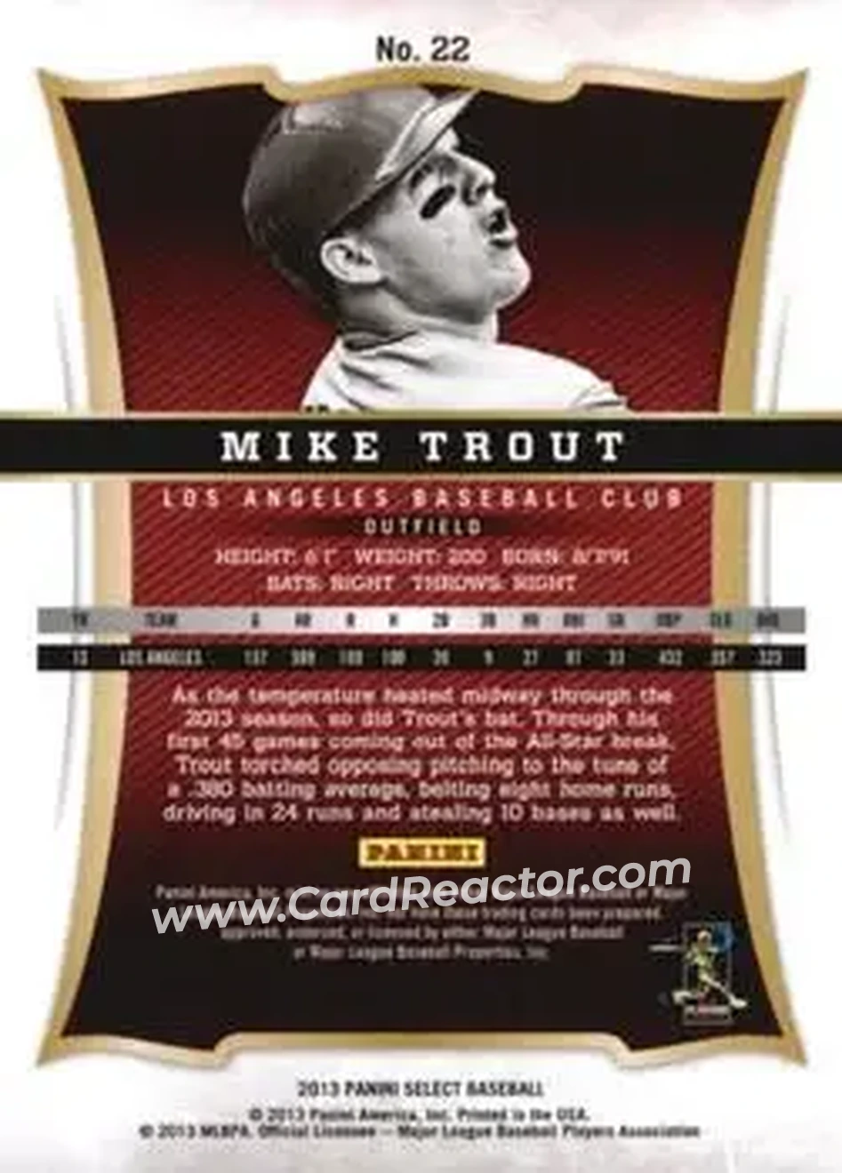 2013 Panini Select #22 - Mike Trout - Los Angeles Angels - Back