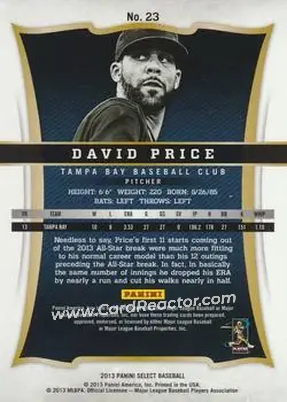 2013 Panini Select #23 - David Price - Tampa Bay Rays - Back