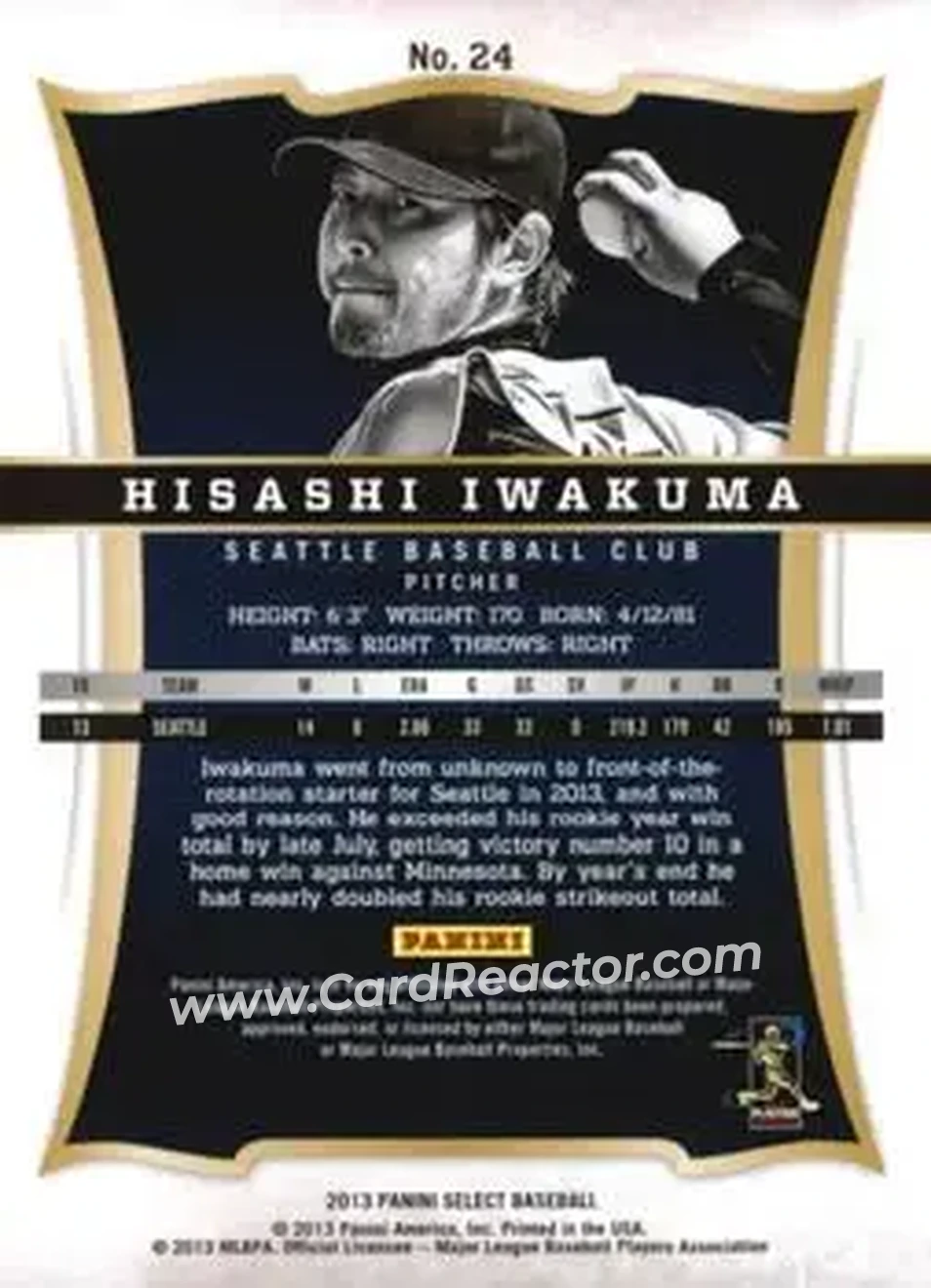 2013 Panini Select #24 - Hisashi Iwakuma - Seattle Mariners - Back