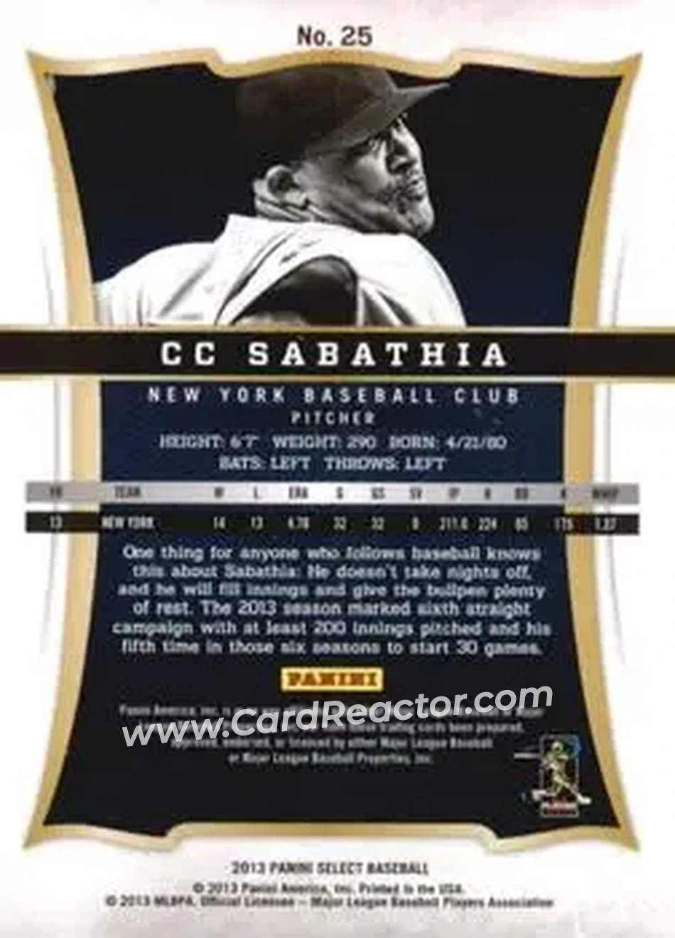 2013 Panini Select #25 - CC Sabathia - New York Yankees - Back