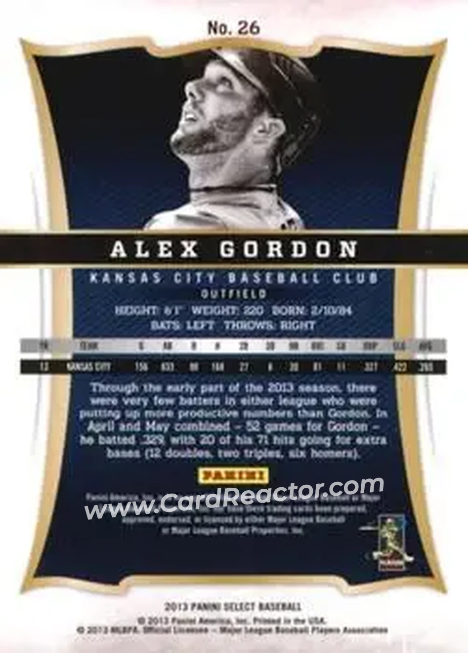 2013 Panini Select #26 - Alex Gordon - Kansas City Royals - Back