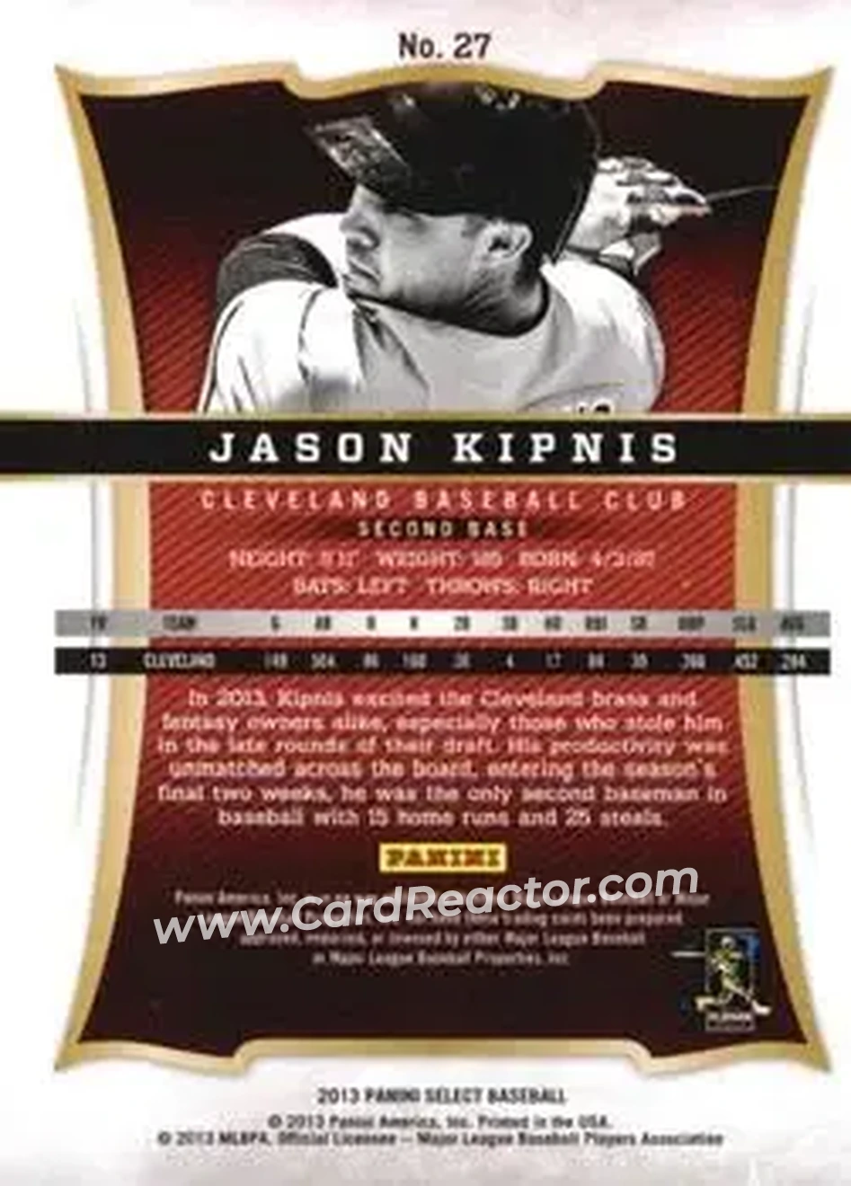 2013 Panini Select #27 - Jason Kipnis - Cleveland Indians - Back