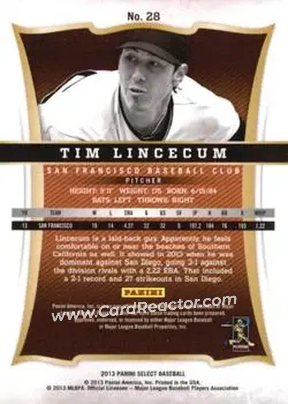 2013 Panini Select #28 - Tim Lincecum - San Francisco Giants - Back