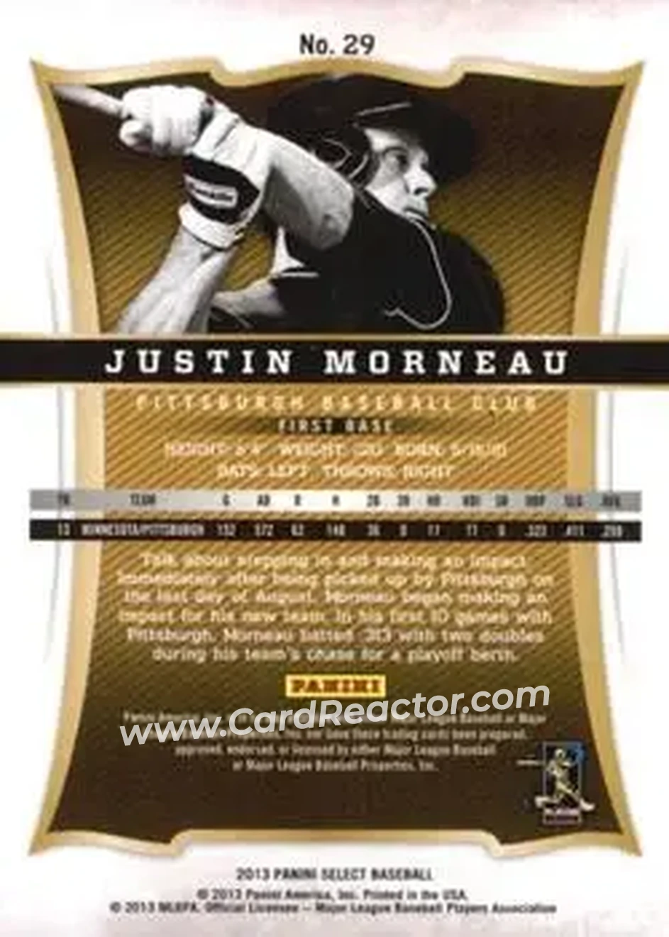 2013 Panini Select #29 - Justin Morneau - Pittsburgh Pirates - Back