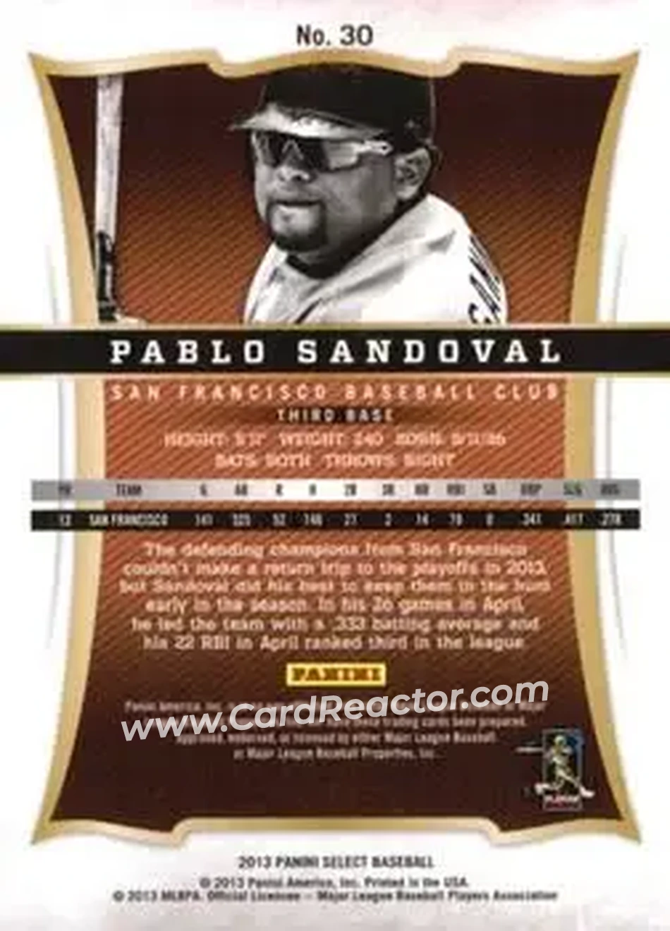 2013 Panini Select #30 - Pablo Sandoval - San Francisco Giants - Back