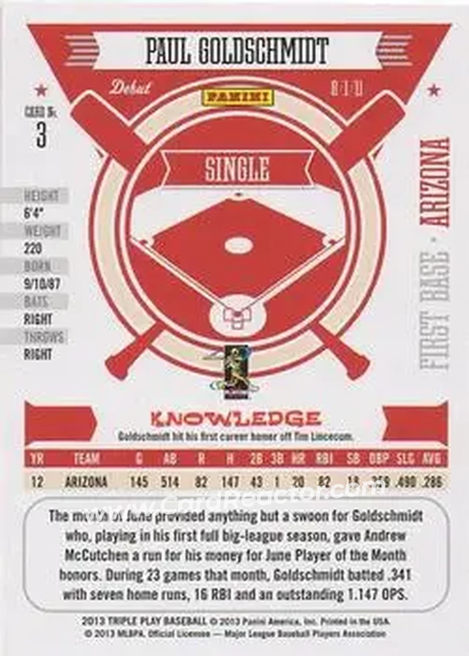 2013 Panini Triple Play #3 - Paul Goldschmidt - Arizona Diamondbacks - Back