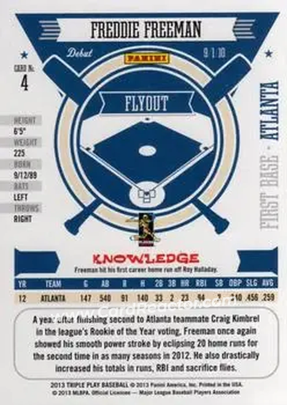 2013 Panini Triple Play #4 - Freddie Freeman - Atlanta Braves - Back