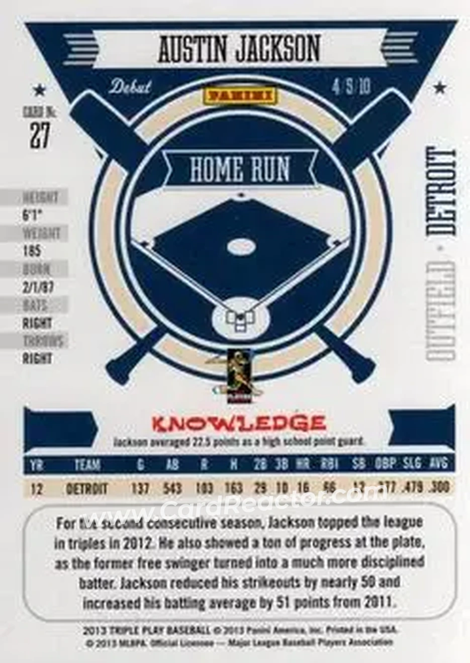 2013 Panini Triple Play #27 - Austin Jackson - Detroit Tigers - Back