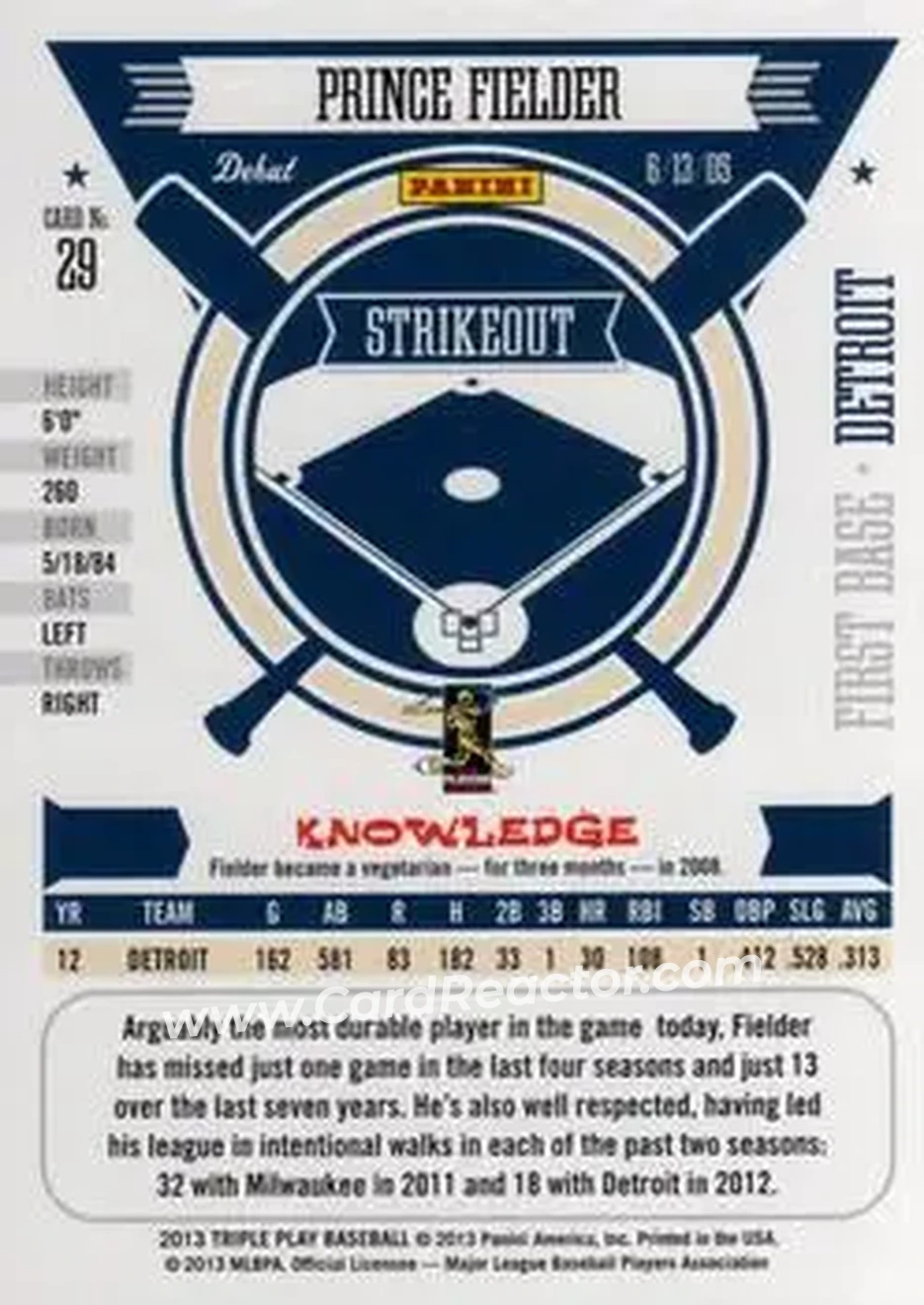 2013 Panini Triple Play #29 - Prince Fielder - Detroit Tigers - Back