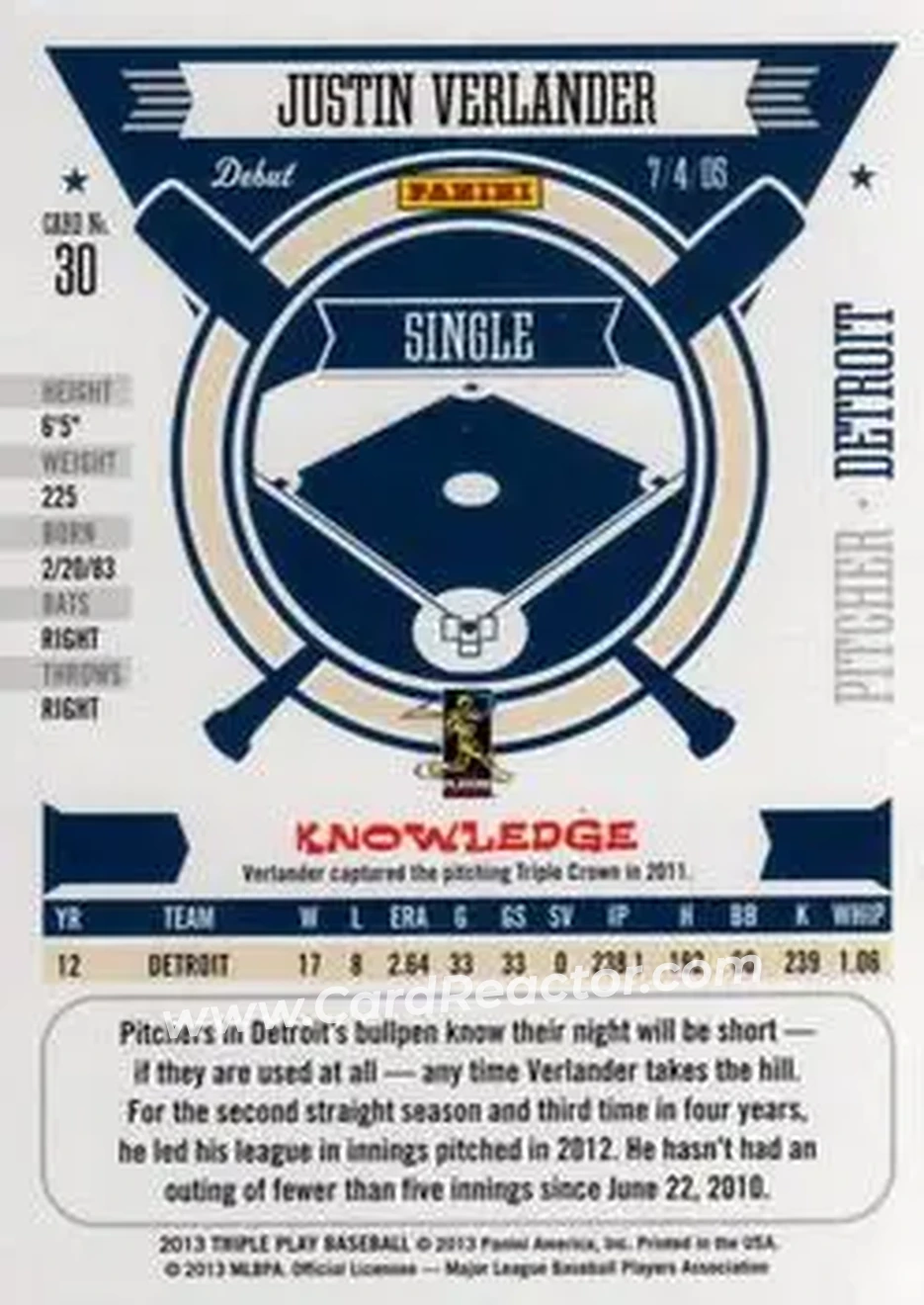 2013 Panini Triple Play #30 - Justin Verlander - Detroit Tigers - Back