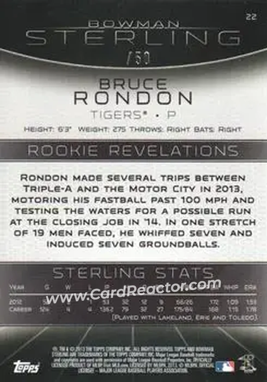 2013 Bowman Sterling - Gold Refractors #22 - Bruce Rondon - Detroit Tigers - Back