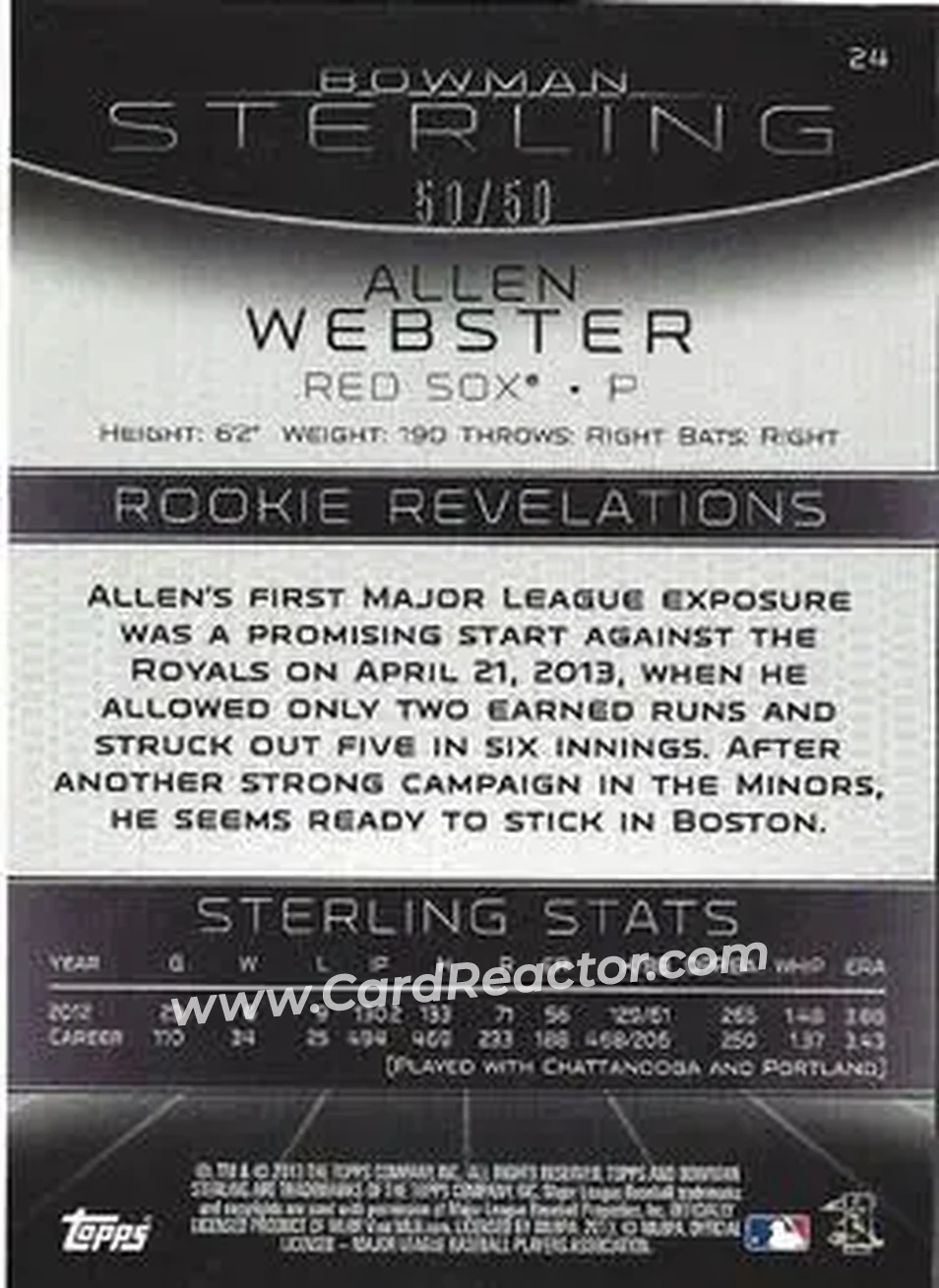 2013 Bowman Sterling - Gold Refractors #24 - Allen Webster - Boston Red Sox - Back
