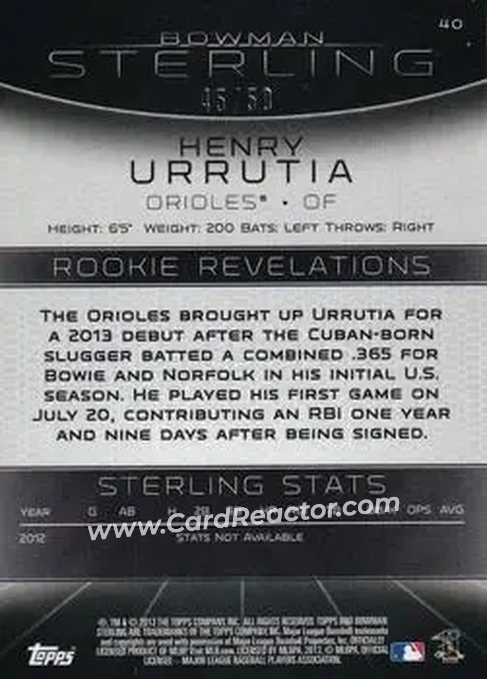2013 Bowman Sterling - Gold Refractors #40 - Henry Urrutia - Baltimore Orioles - Back