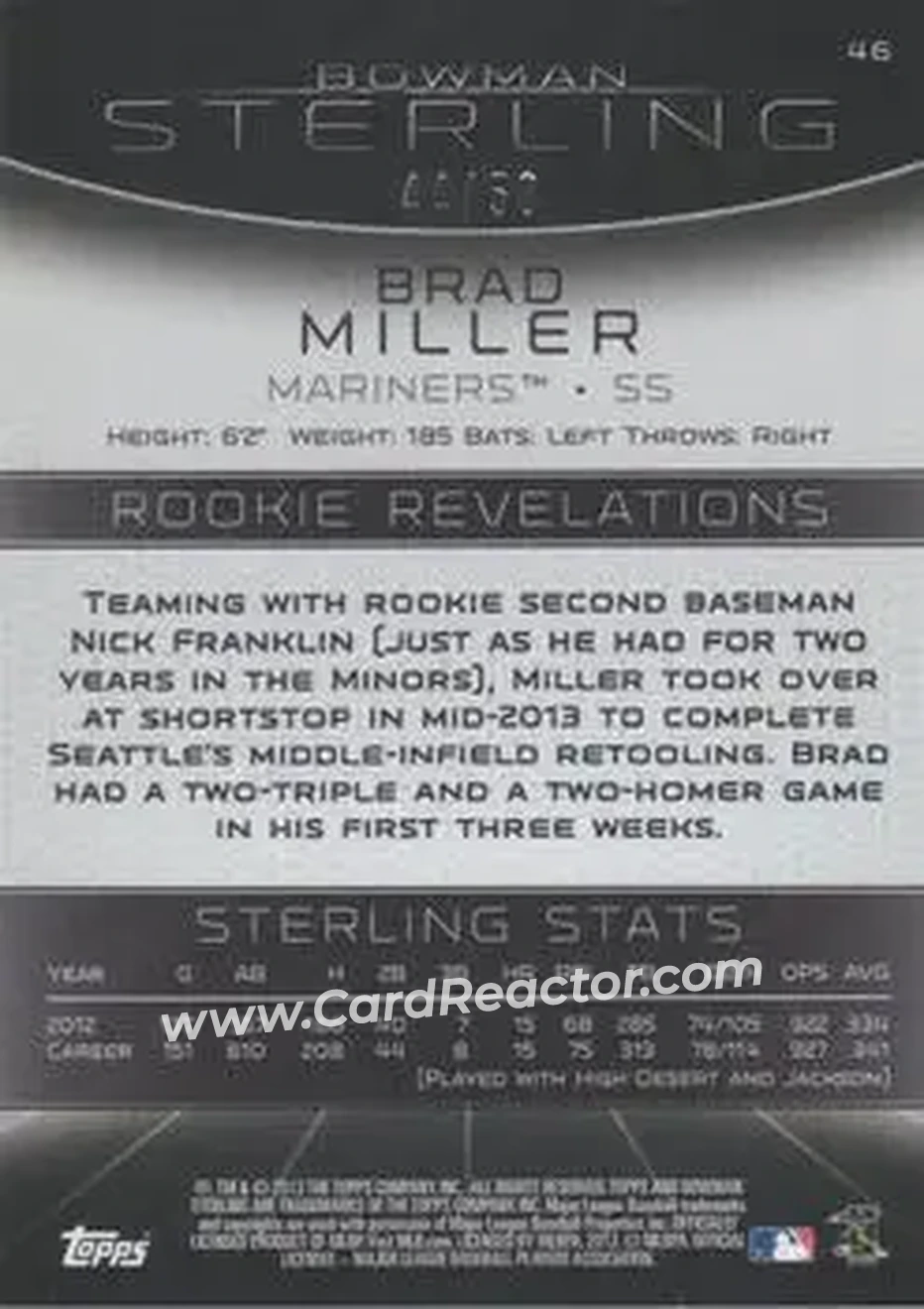 2013 Bowman Sterling - Gold Refractors #46 - Brad Miller - Seattle Mariners - Back