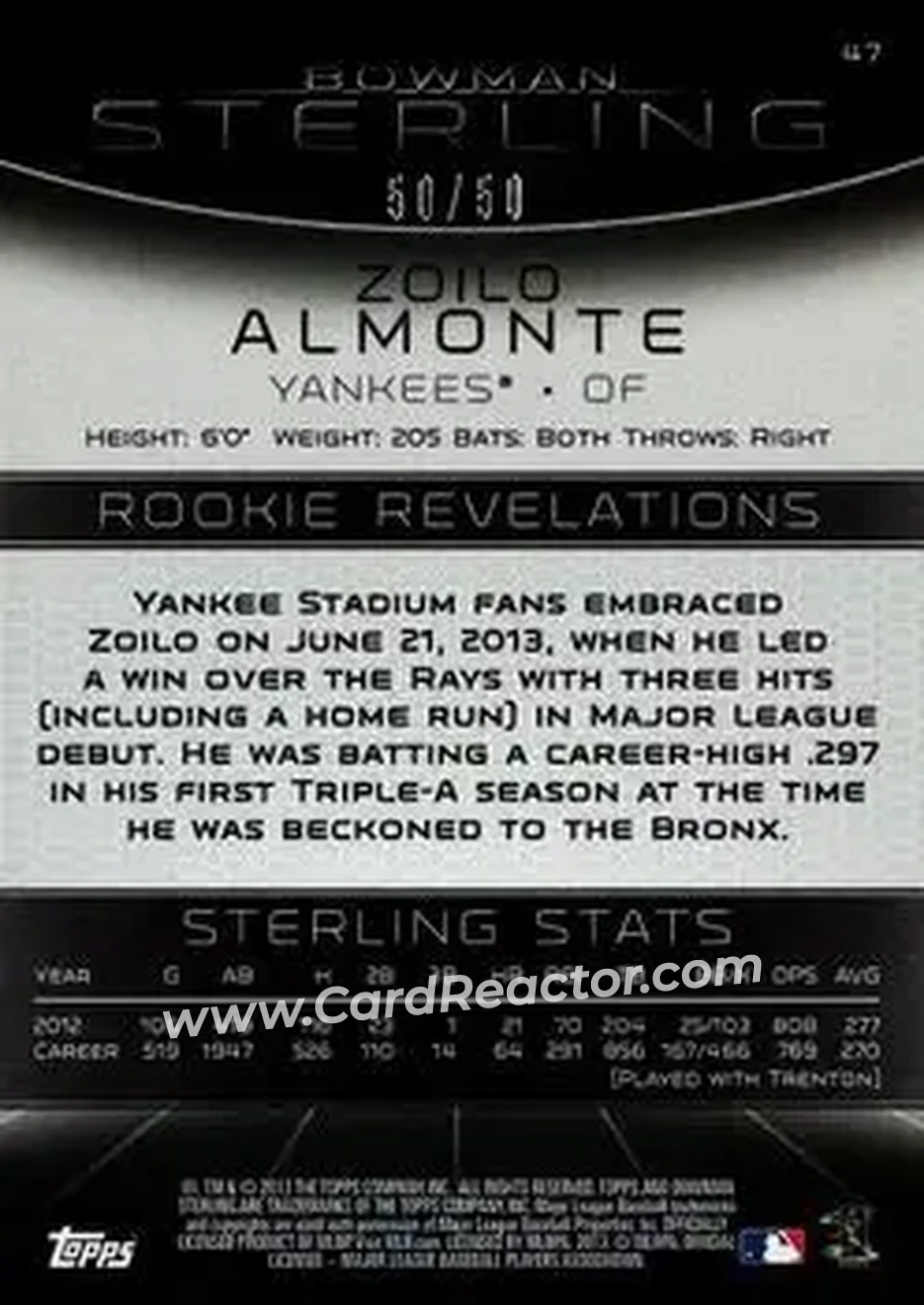 2013 Bowman Sterling - Gold Refractors #47 - Zoilo Almonte - New York Yankees - Back
