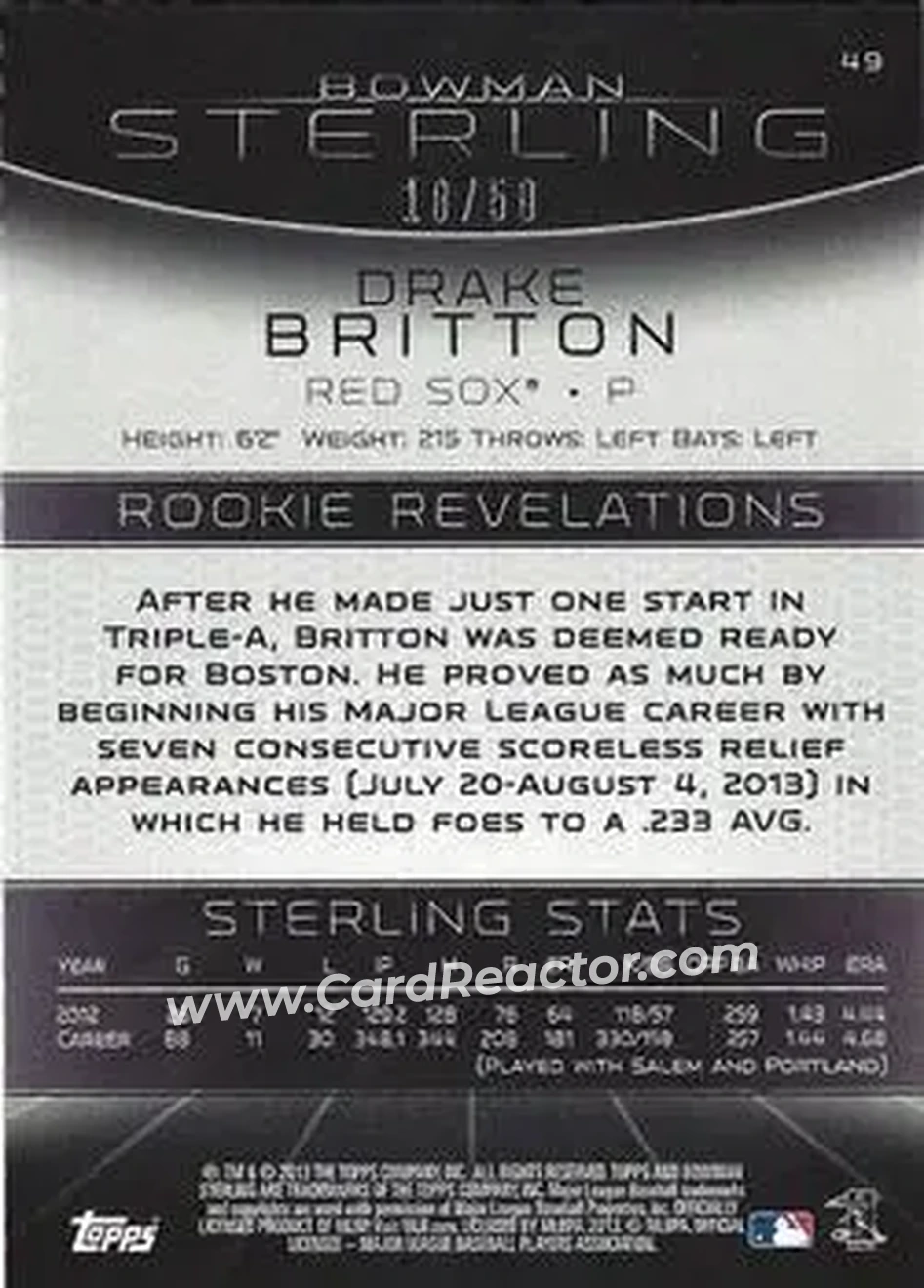 2013 Bowman Sterling - Gold Refractors #49 - Drake Britton - Boston Red Sox - Back
