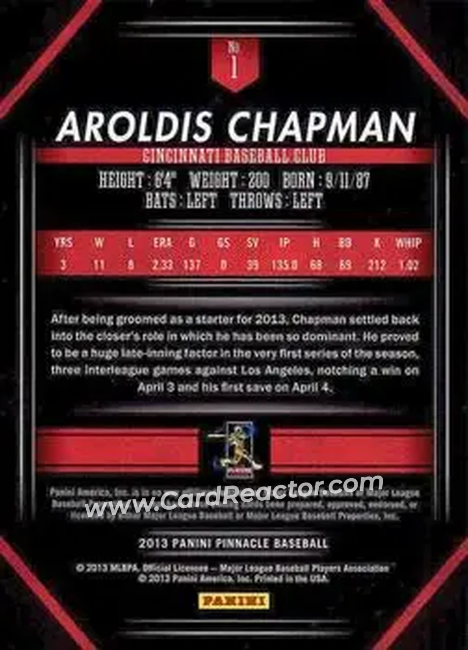 2013 Pinnacle #1 - Aroldis Chapman - Cincinnati Reds - Back
