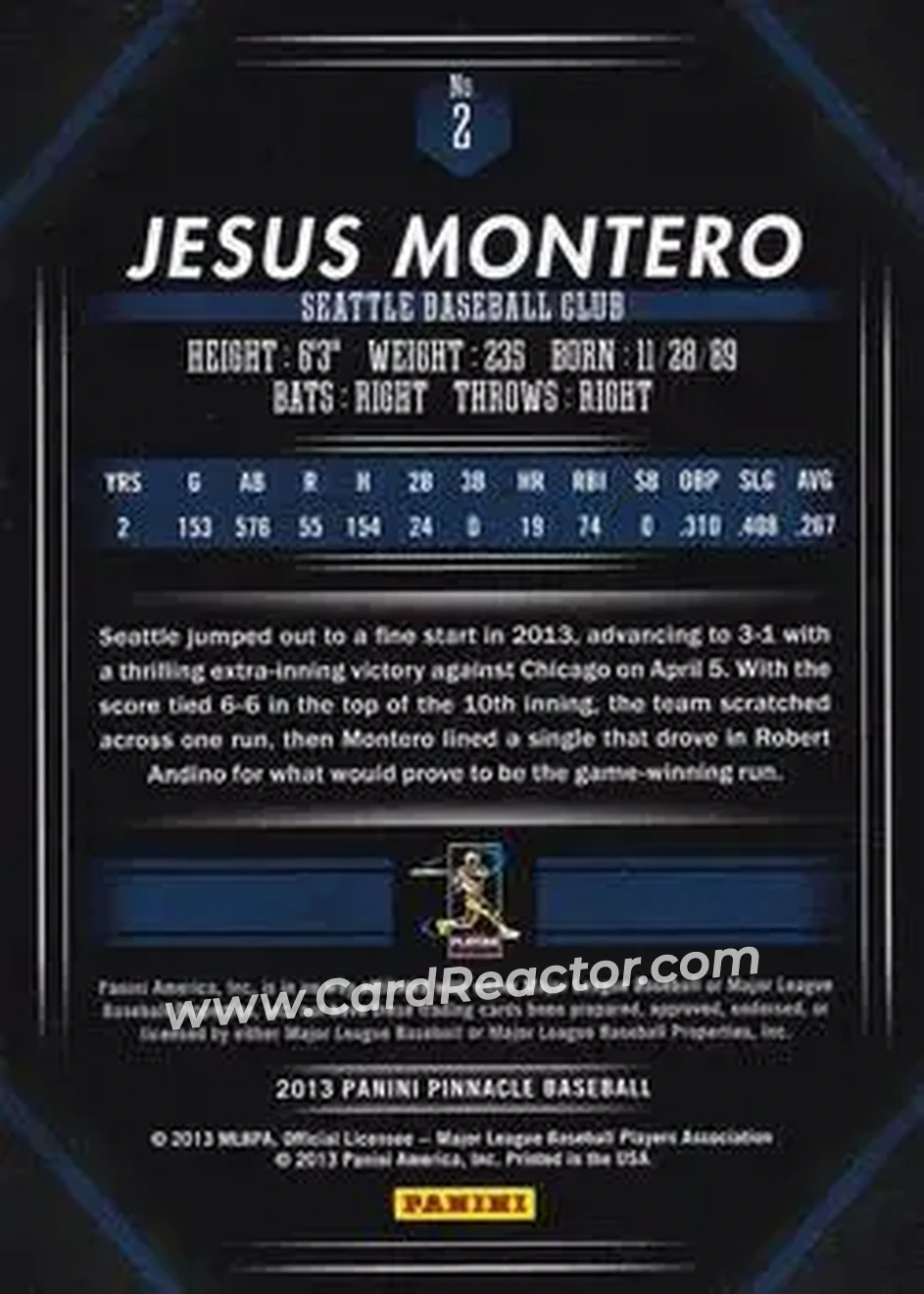 2013 Pinnacle #2 - Jesus Montero - Seattle Mariners - Back