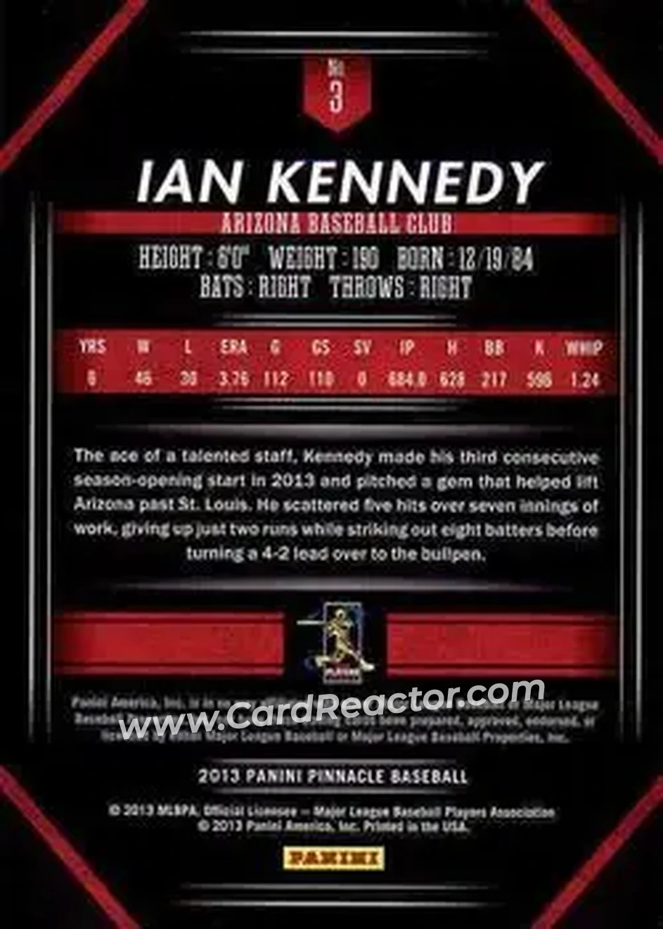 2013 Pinnacle #3 - Ian Kennedy - Arizona Diamondbacks - Back