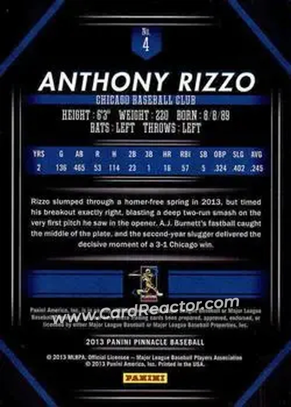 2013 Pinnacle #4 - Anthony Rizzo - Chicago Cubs - Back