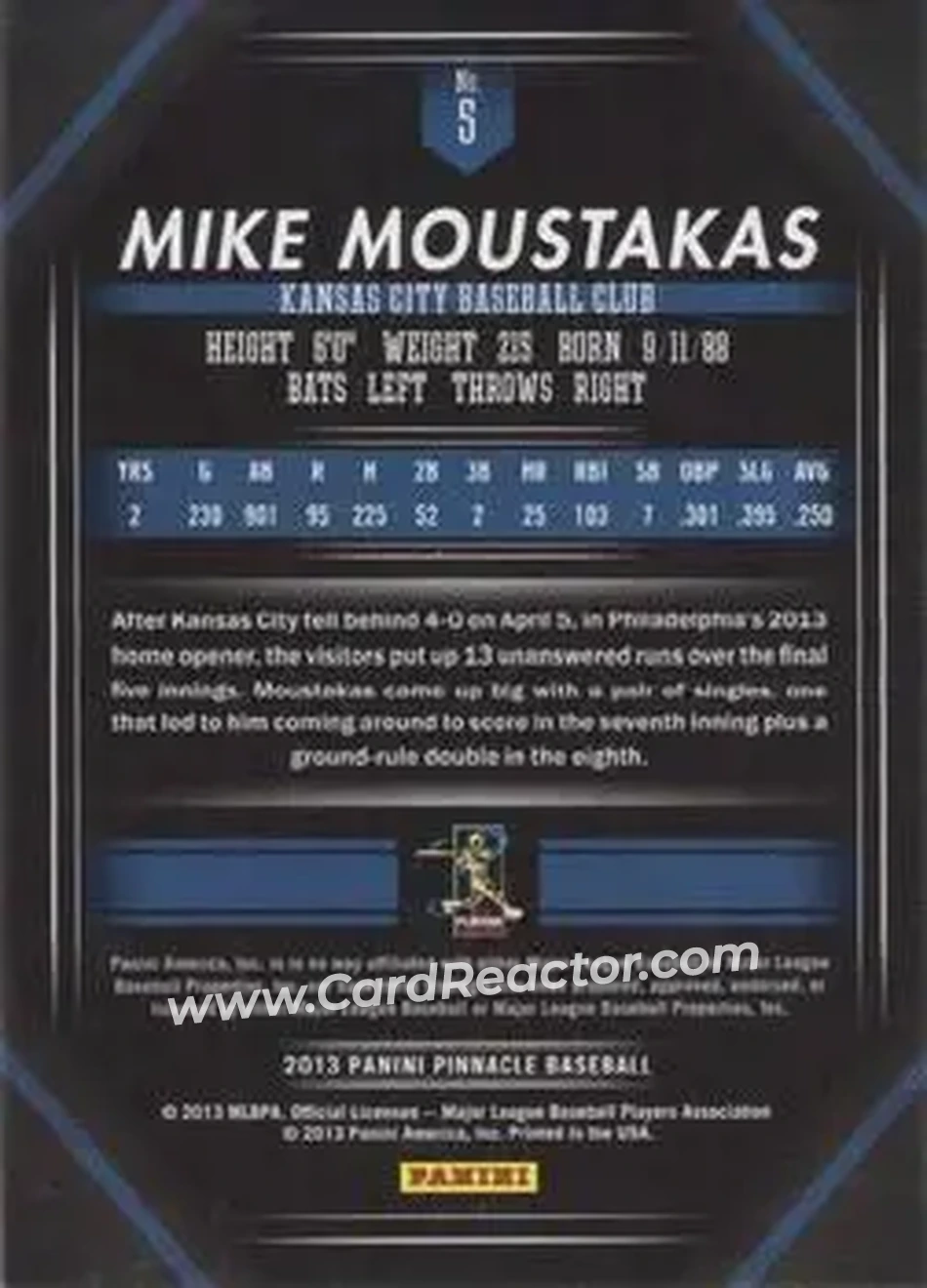 2013 Pinnacle #5 - Mike Moustakas - Kansas City Royals - Back