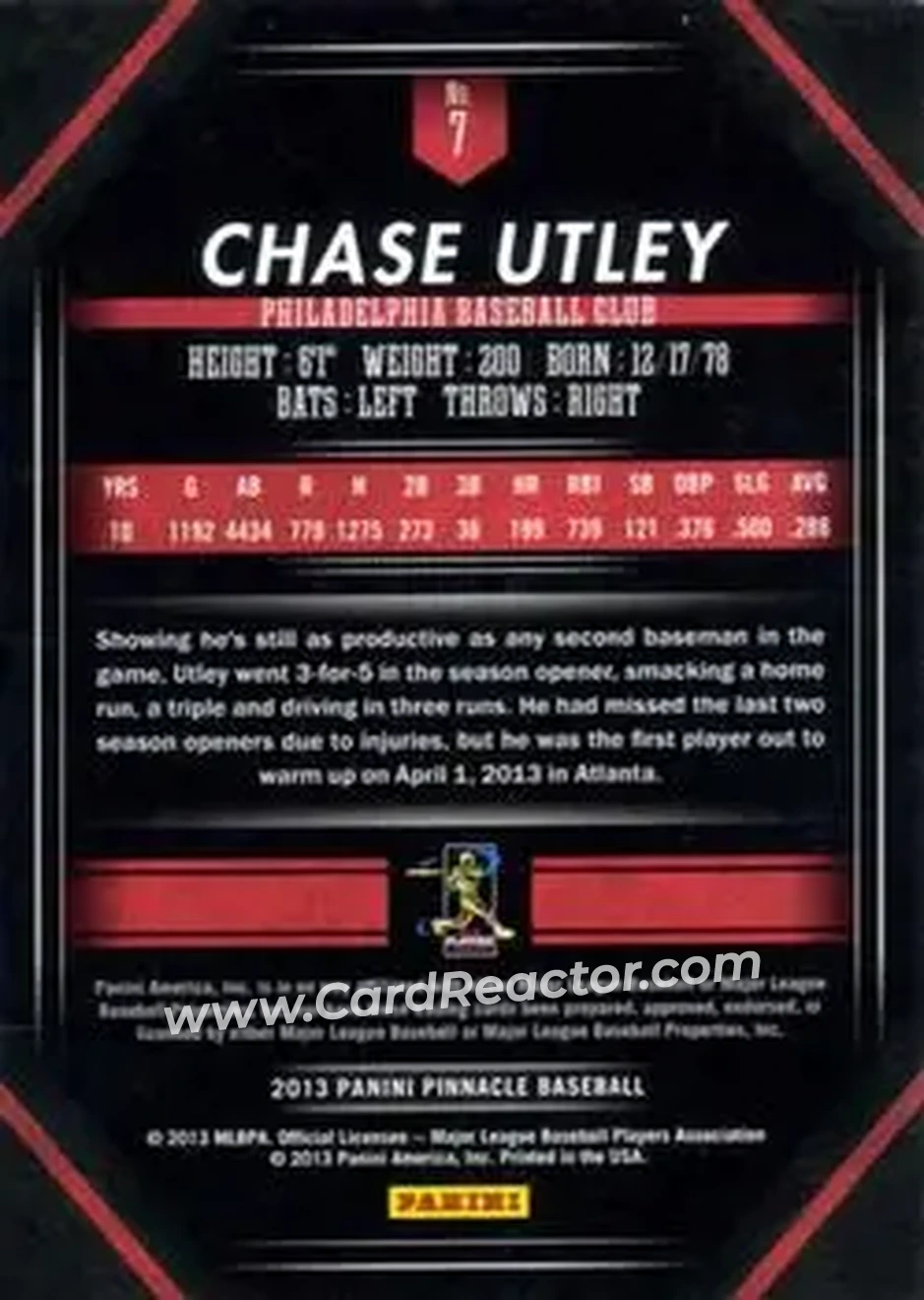 2013 Pinnacle #7 - Chase Utley - Philadelphia Phillies - Back