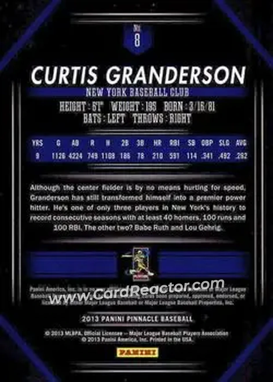 2013 Pinnacle #8 - Curtis Granderson - New York Yankees - Back