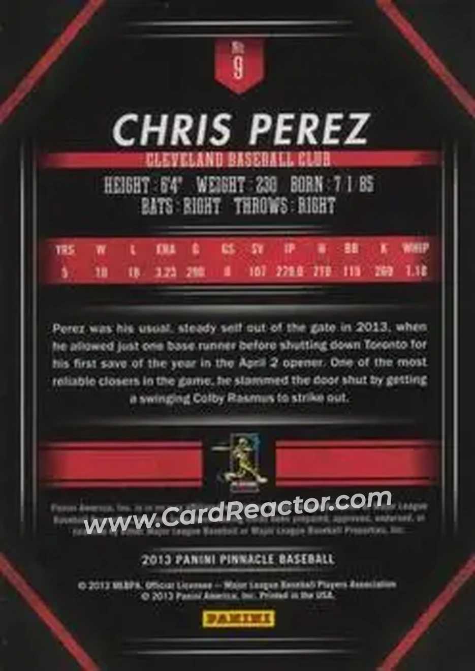 2013 Pinnacle #9 - Chris Perez - Cleveland Indians - Back