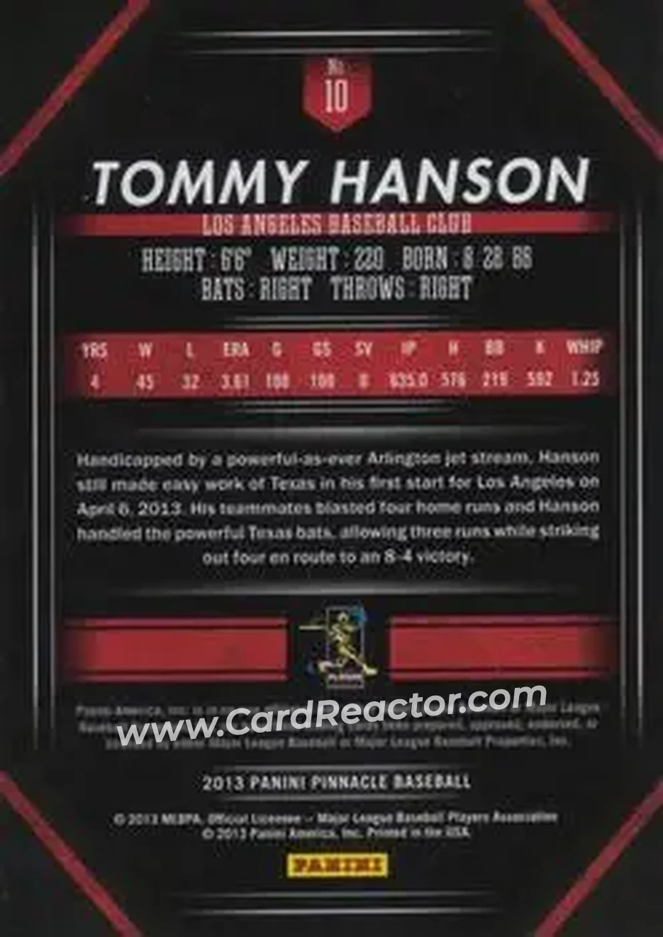 2013 Pinnacle #10 - Tommy Hanson - Los Angeles Angels - Back
