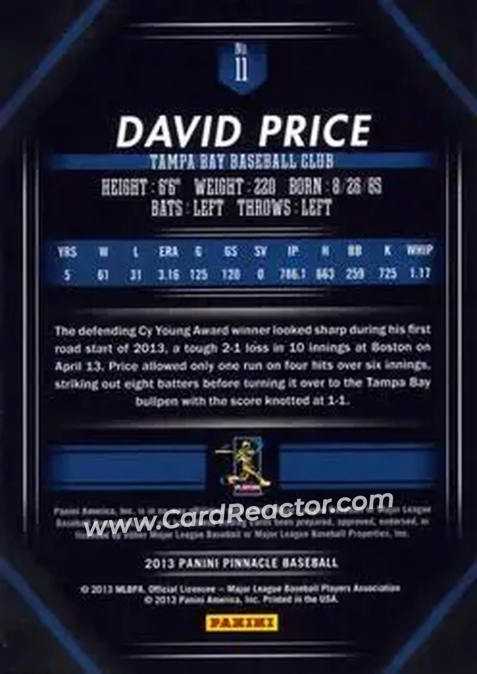 2013 Pinnacle #11 - David Price - Tampa Bay Rays - Back