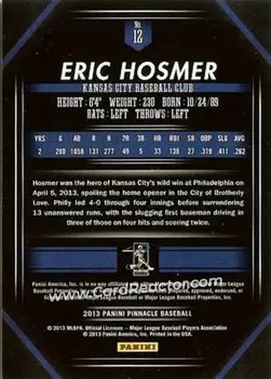 2013 Pinnacle #12 - Eric Hosmer - Kansas City Royals - Back