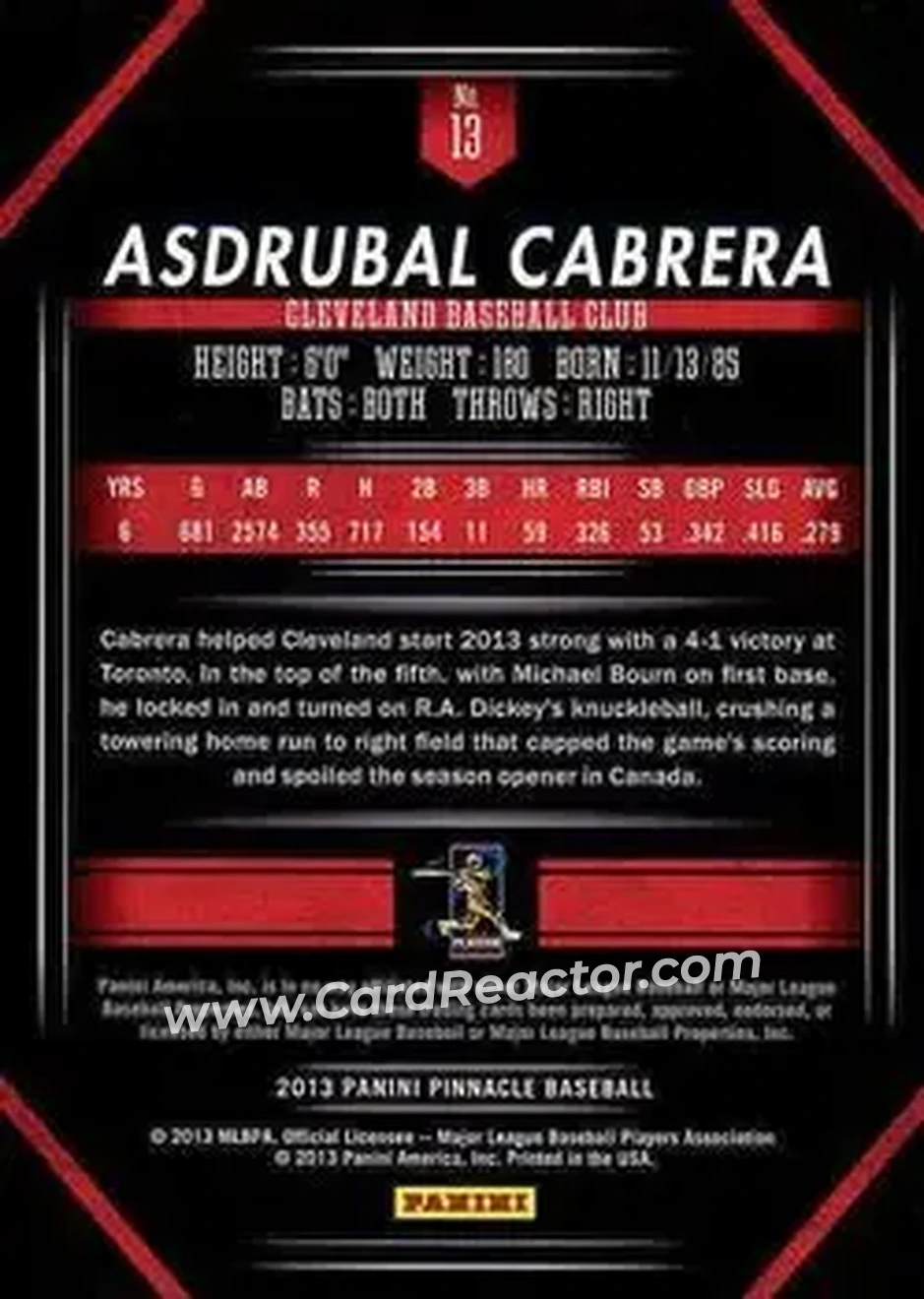 2013 Pinnacle #13 - Asdrubal Cabrera - Cleveland Indians - Back