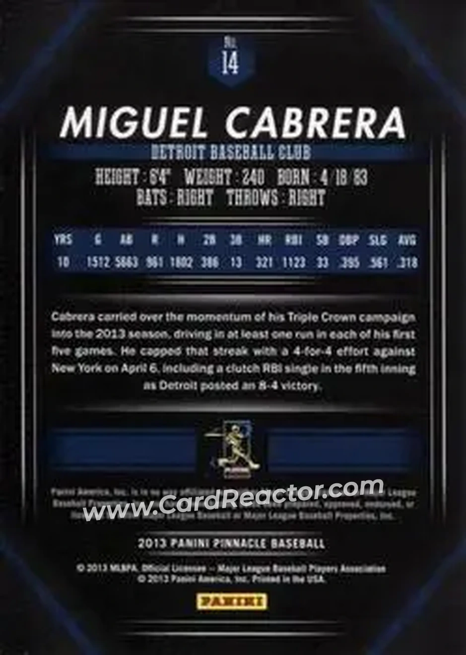 2013 Pinnacle #14 - Miguel Cabrera - Detroit Tigers - Back