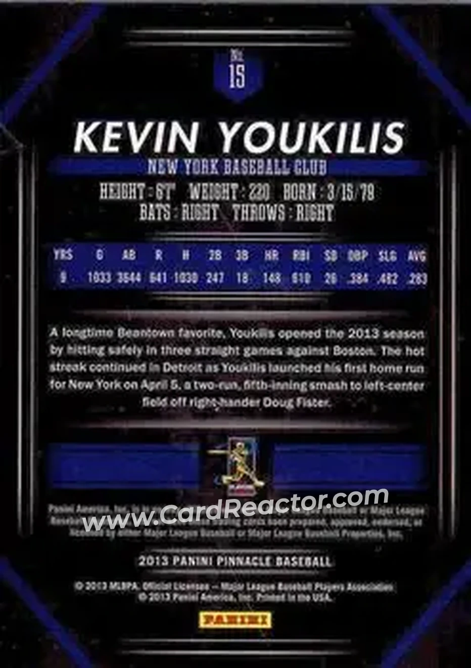 2013 Pinnacle #15 - Kevin Youkilis - New York Yankees - Back