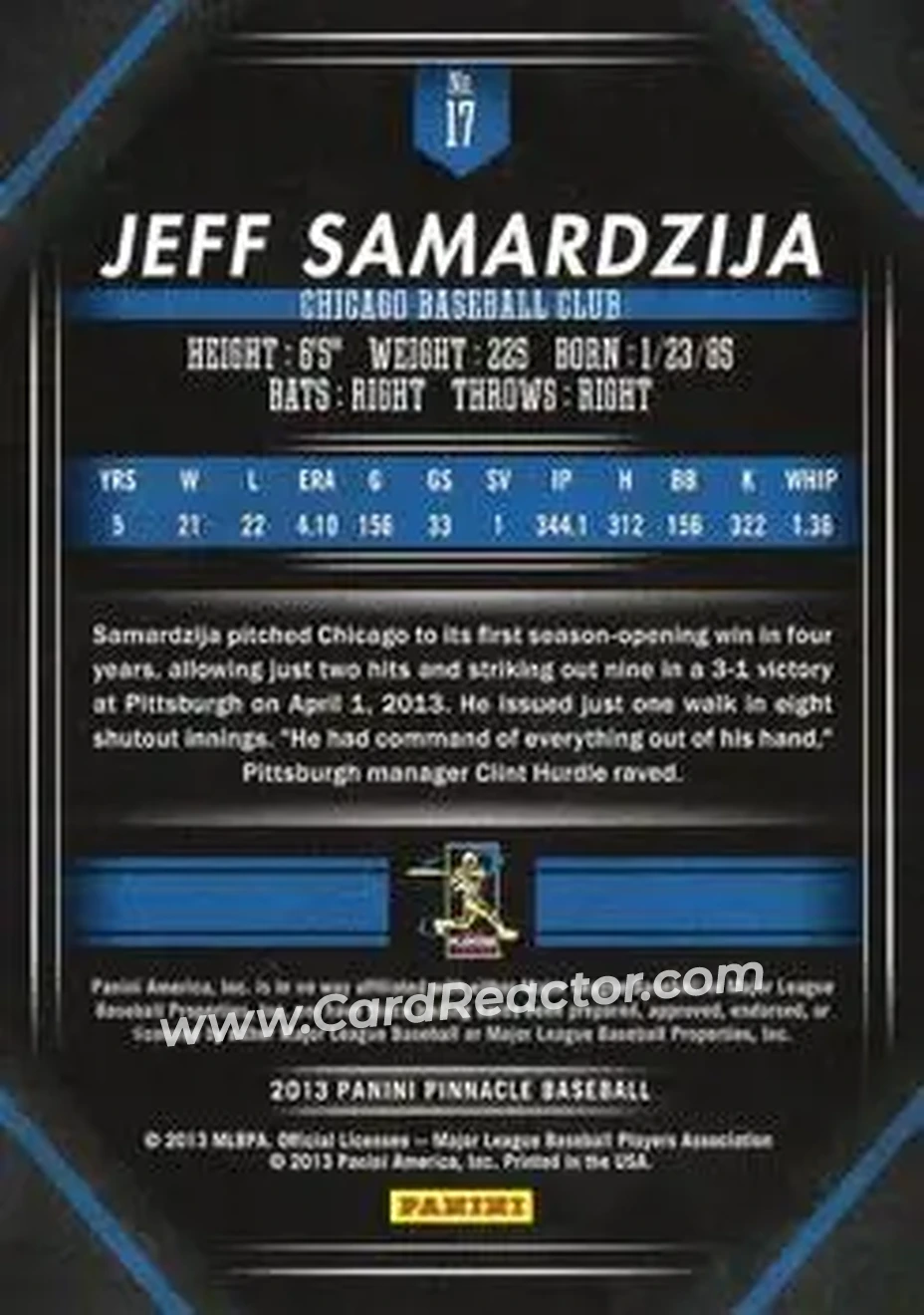 2013 Pinnacle #17 - Jeff Samardzija - Chicago Cubs - Back 2013 Pinnacle #17 - Jeff Samardzija - Chicago Cubs - Back