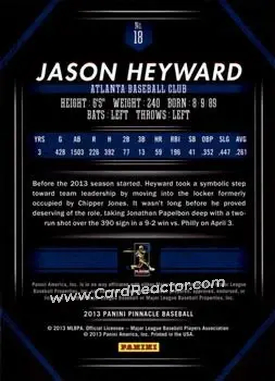 2013 Pinnacle #18 - Jason Heyward - Atlanta Braves - Back
