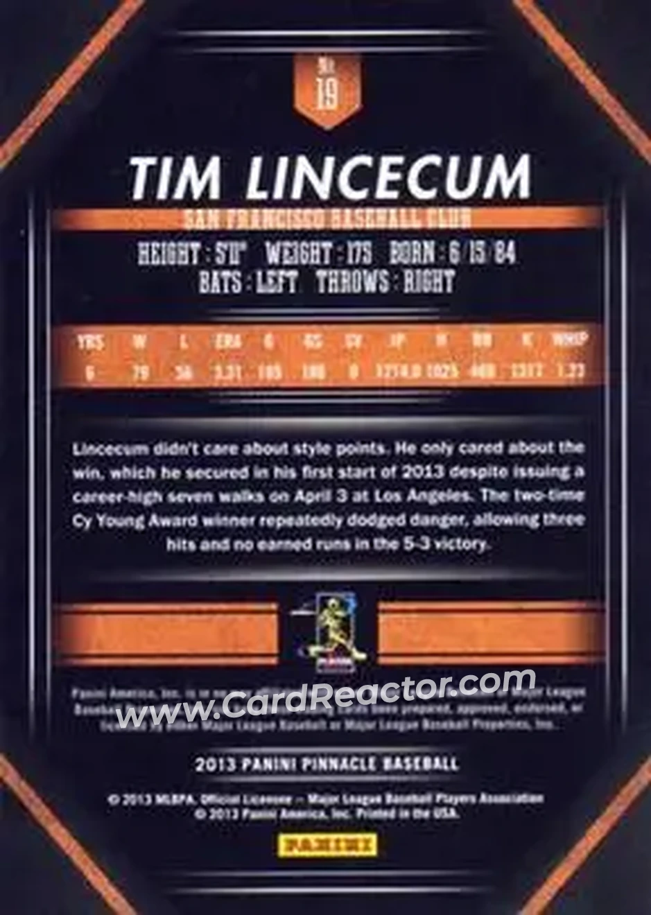 2013 Pinnacle #19 - Tim Lincecum - San Francisco Giants - Back