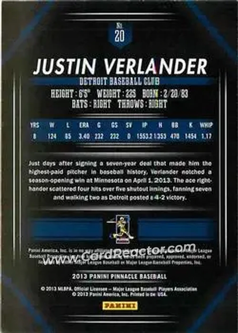 2013 Pinnacle #20 - Justin Verlander - Detroit Tigers - Back