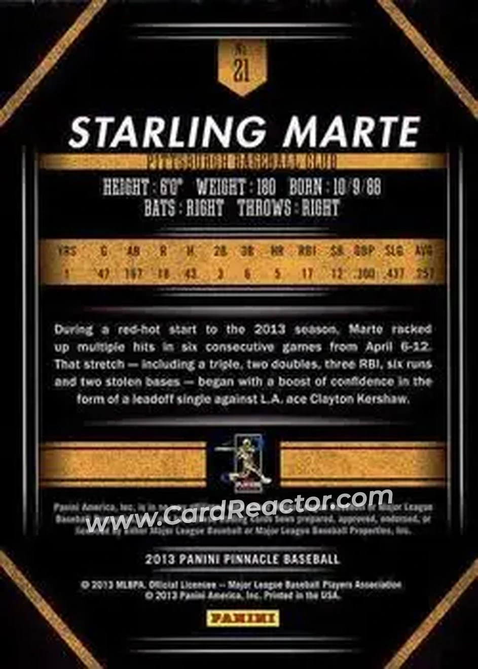 2013 Pinnacle #21 - Starling Marte - Pittsburgh Pirates - Back
